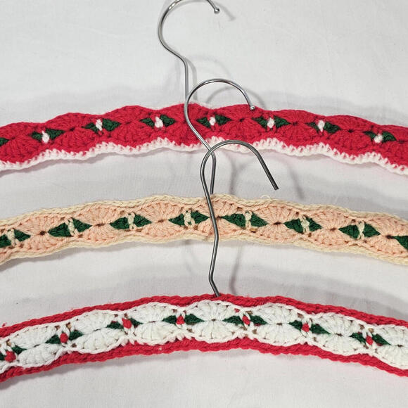 Other - VTG Lot of 3 Yarn Covered Wood Hangers Crochet Knit Handmade 70’s Boho